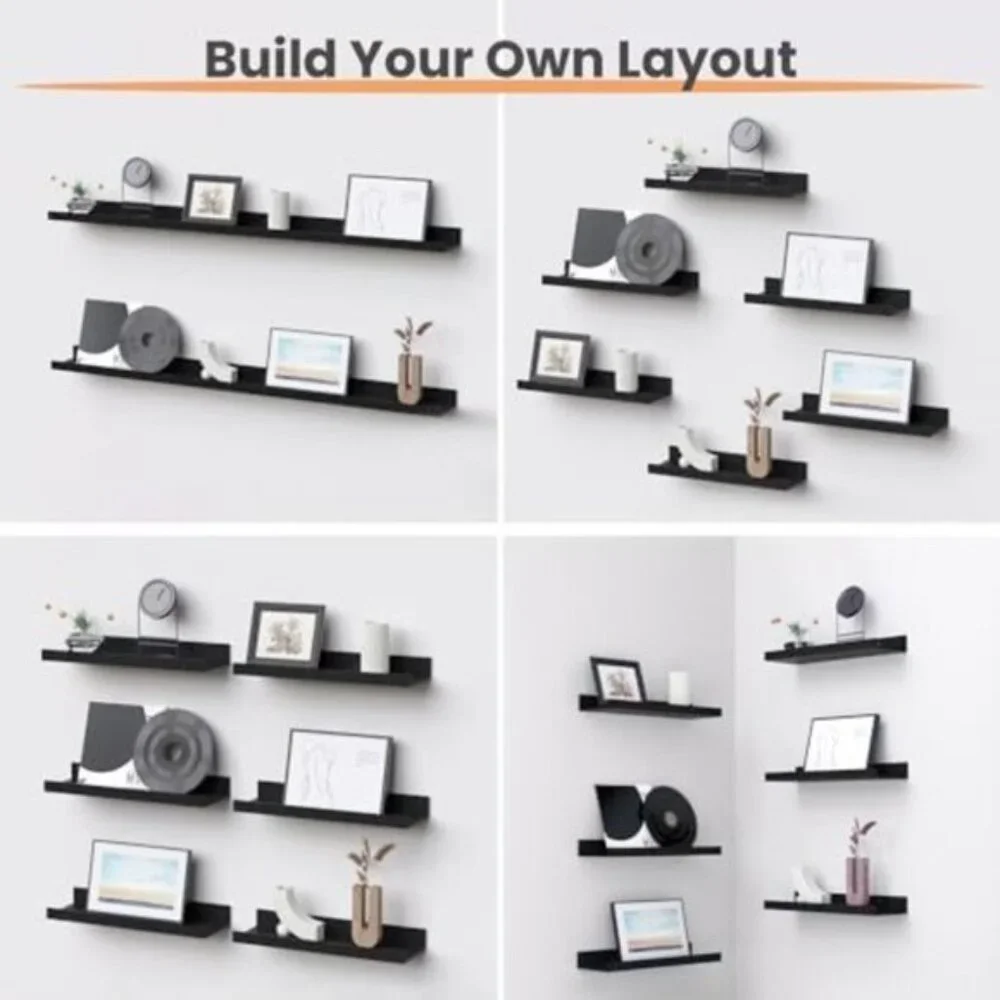 New Floating Wall Shelves, Set of 6 Black Wood Shelves for Home Decor